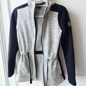 Two toned hooded zip-up w/ waist drawstring